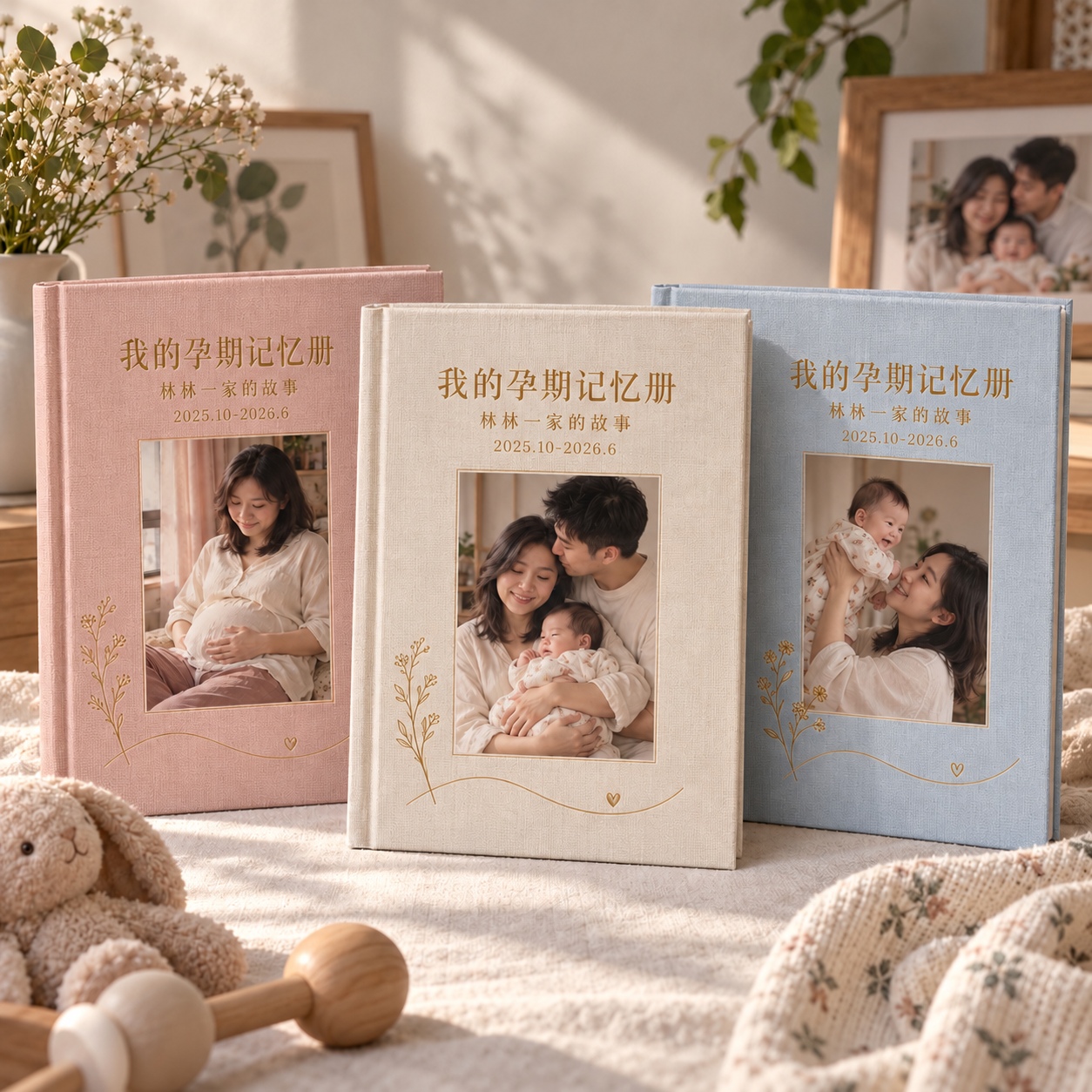 暖粉、燕麦白、雾蓝三种记忆册封面